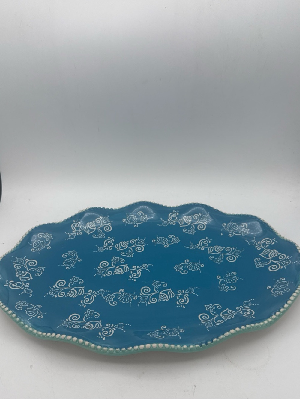 Temptations Blue Floral Lace Scalloped Edged serving platter  Tray 14x10”